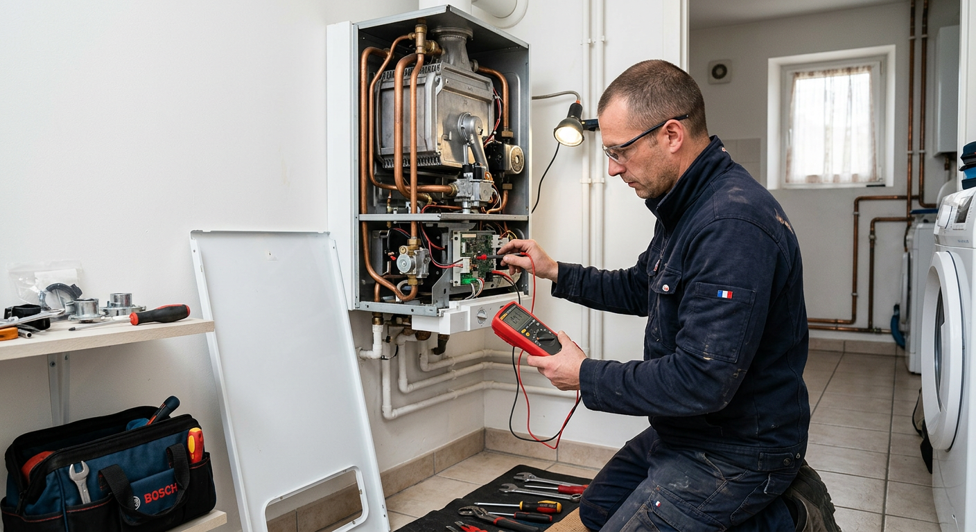 Chauffagiste réparant une chaudière gaz murale à Clamart