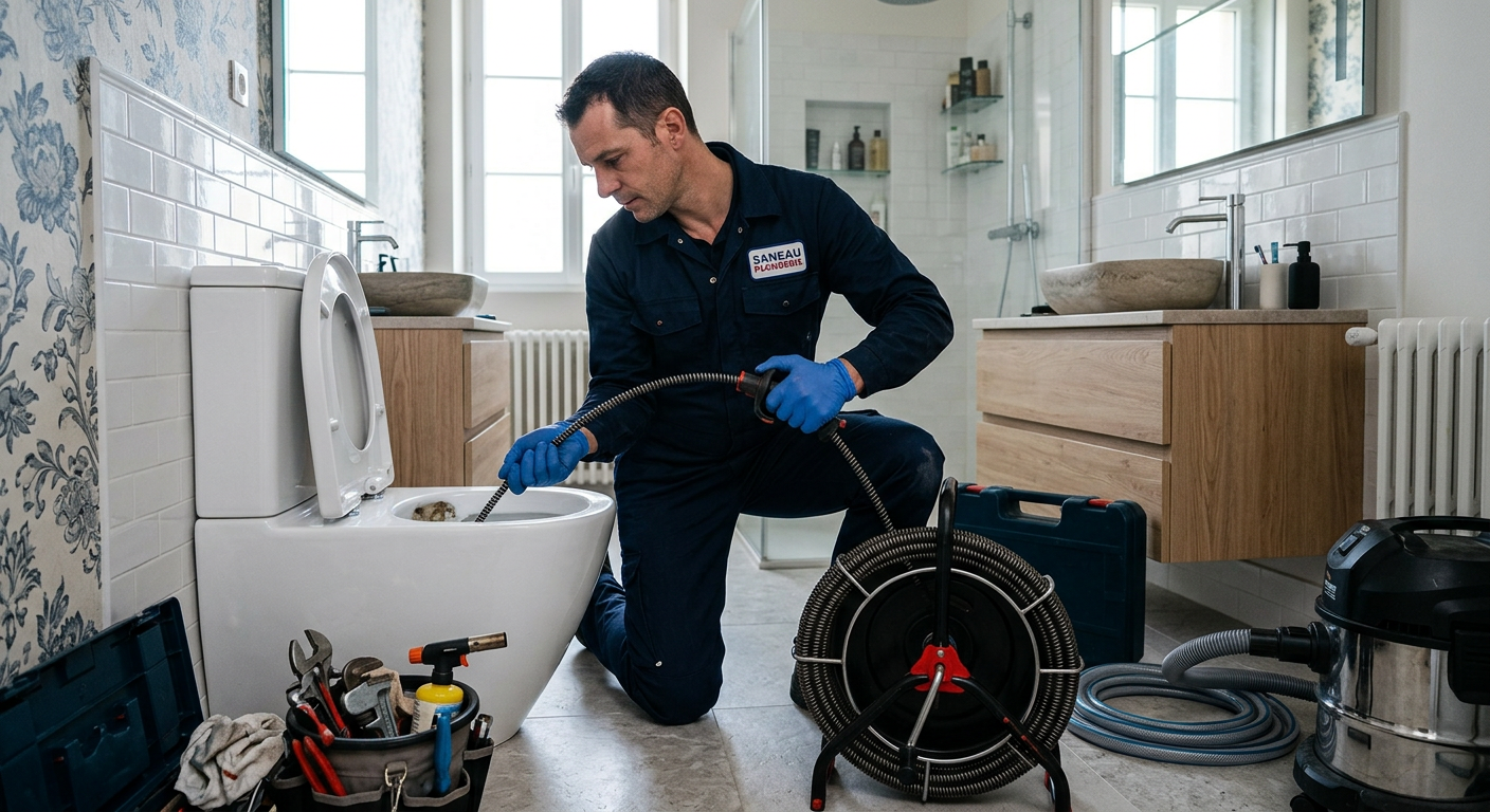 Plombier débouchant des WC avec un furet électrique à Clamart