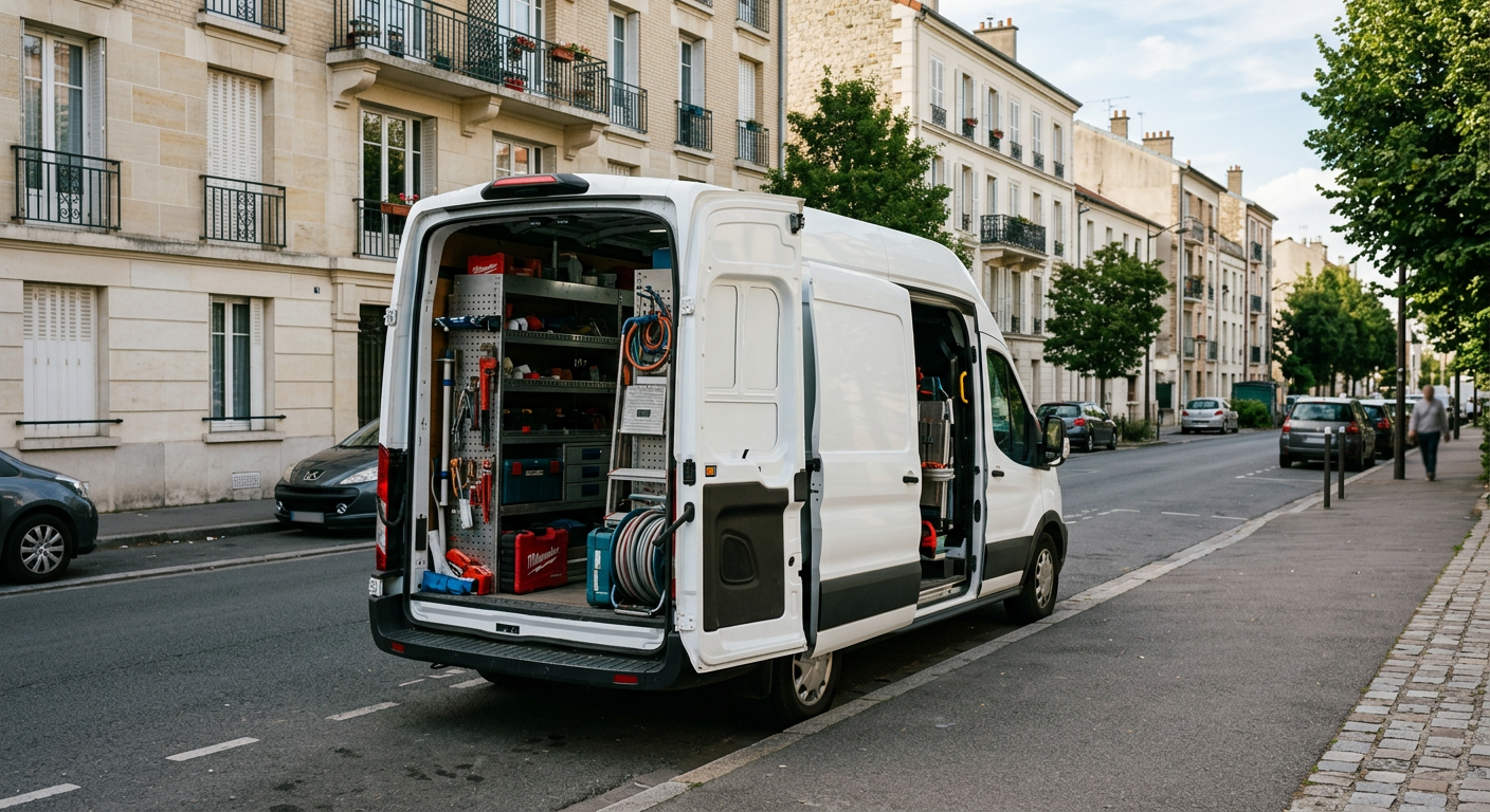Camionnette plombier Ateliers Plombier Clamart en intervention dans les Hauts-de-Seine